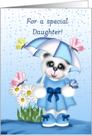 Birthday For a Young Daughter, White Teddy Bear, Blue Dress, Umbrella card