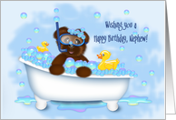 Birthday for Young Nephew Teddy Bear, Bathtub, Rubber Ducky, Bubbles card