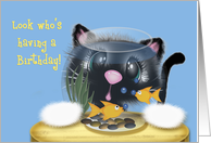 Birthday for a Girl or Boy, Kitty Looking Through a Fish Bowl card