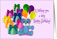 Birthday for a Girl or Boy, Blue Teddy Bear with Balloons and Presents card