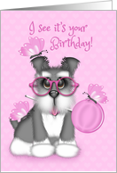 Birthday for a Girl, Schnauzer with Glasses, Lollipop, Butterfies card