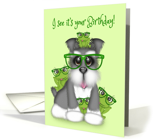 Birthday for a Boy, Schnauzer with Glasses and Frogs with Glasses card
