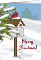 Merry Christmas, a Red Cardinal Perched on a Birdhouse in the Snow card