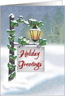 Holiday Greetings, Lamp Post with Chickadees, holly, House, Snow Scene card