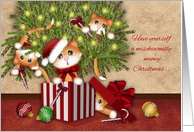 Mischievously Meowy Christmas, Kittens in a Present, Kittens in Tree card