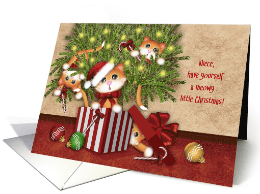 Niece, Meowy Christmas, Kittens in a Present, Kittens in Tree card