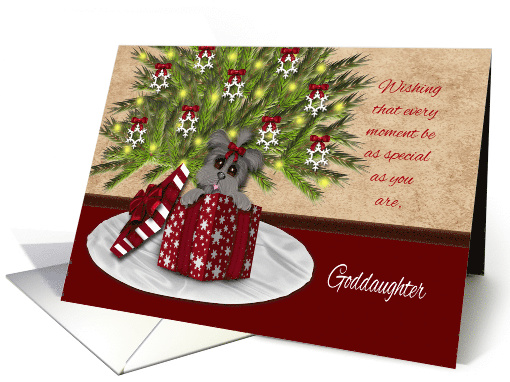 Merry Christmas Goddaughter Yorkie in a Present Under the Tree card