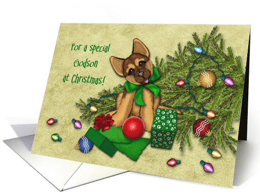 Christmas for a Godson, Naughty Shepherd Puppy, Fallen Tree card