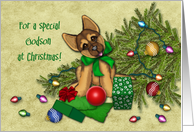 Christmas for a Godson, Naughty Shepherd Puppy, Fallen Tree card