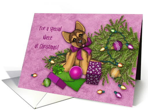 Christmas for a Special Niece, Naughty Shepherd Puppy Fallen Tree card