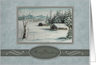 Christmas, Winter Painting of Old Buildings, Snow Covered Mountains card