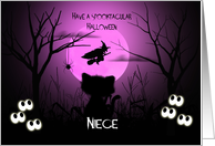 Halloween for Niece Spooky, Shilouette Cat, Flying Witch, Moon card