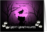 Halloween for Great Granddaughter Spooky, Shilouette Cat, Witch, Moon card