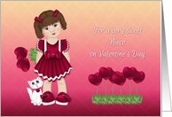 Valentine for Niece, Little Girl Holding Heart Flowers, Kitten card