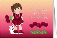 Valentine for Great Niece, Little Girl Holding Heart Flowers, Kitten card