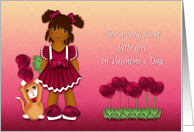 Valentine for Ethnic Little Girl, Holding Heart Flowers with Kitten card