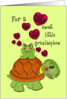 Valentine for a Grandnephew Happy Turtle with Frog on its Back, Hearts card