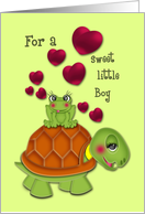 Valentine for a Little Boy, Happy Turtle with Frog on its Back, Hearts card