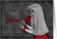 Valentine for Girlfriend, Young Woman Holding Red Rose, Black, Gray card