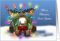 Merry Moosemas Great Nephew, Moose Tangled in Christmas Lights card