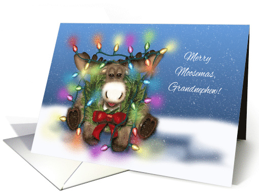 Merry Moosemas Grandnephew, Moose Tangled in Christmas Lights card
