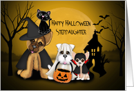 Halloween for Stepdaughter, Puppies Dressed in Costumes, and a Kitten card