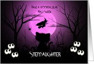 Halloween for Stepdaughter Spooky, Shilouette Cat, Flying Witch, Moon card
