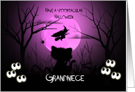 Halloween for Grandniece Spooky, Shilouette Cat, Flying Witch, Moon card