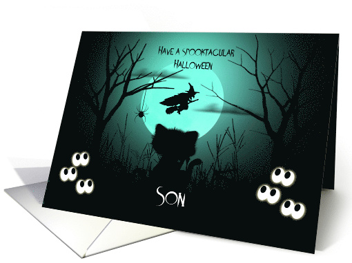 Halloween for Son Spooky, Shilouette Cat, Flying Witch, Moon card