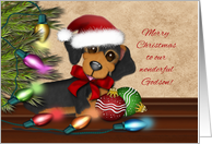 Merry Christmas for Godson, Dachshund Wearing a Santa Hat card