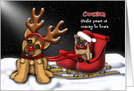 Santa Paws is Coming to Town, Cousin Shepherd Reindeer , Pug Santa card