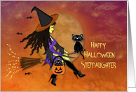 Halloween for a Stepdaughter, Pretty Witch Riding a Broom, Black Cats card