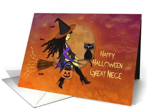 Halloween for a Great Niece, Pretty Witch Riding a Broom Cats card