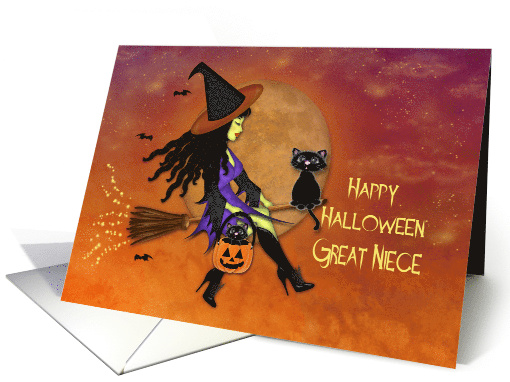 Halloween for a Great Niece, Pretty Witch Riding a Broom Cats card