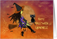 Halloween for a Grandniece, Pretty Witch Riding a Broom, Black Cats card