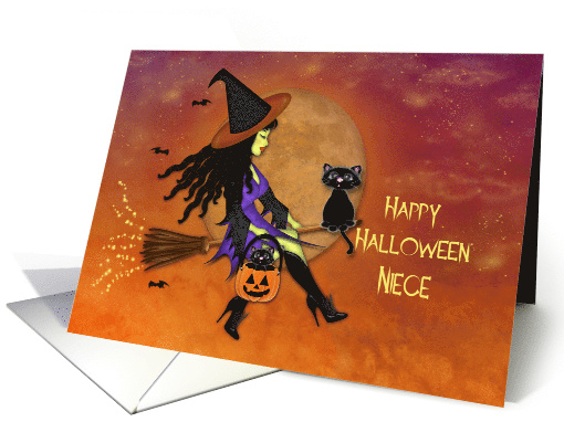 Halloween for a Niece, Pretty Witch Riding a Broom, Black Cats card