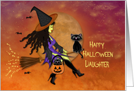 Halloween for a Daughter, Pretty Witch Riding a Broom, Black Cats card
