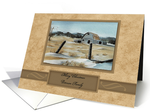 Christmas, Customize Name, Painting of an Old Barn with Mountains card