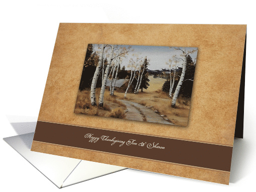 Thanksgiving, Custom Name, Painting Cabin, Meadow, Fall Mountain card