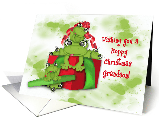 Hoppy Christmas for Grandson, Frogs in a Christmas Present card