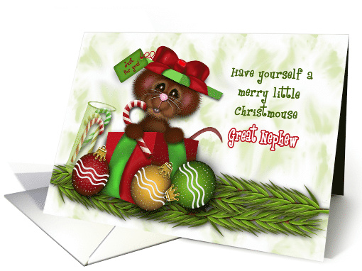 Christmas for Great Nephew, Adorable Christmas Mouse in a Present card