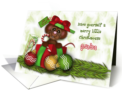 Christmas for Grandson, Adorable Christmas Mouse in a Present card