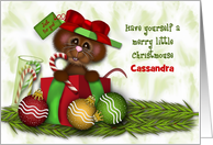 Christmas Custom Name, Adorable Christmas Mouse in a Present card