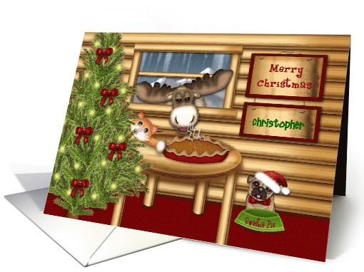 Christmas, Custom Name, Moose, Kitten, Pug Waiting to Eat Pie card