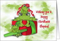 Hoppy Christmas for Stepson, Frogs in a Christmas Present card