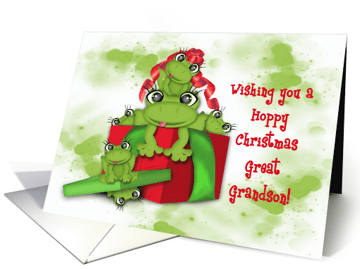 Hoppy Christmas for Great Grandson, Frogs in a Christmas Present card