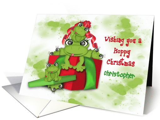 Hoppy Christmas, Customize Name, Frogs in a Christmas Present card