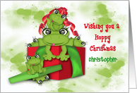 Hoppy Christmas, Customize Name, Frogs in a Christmas Present card