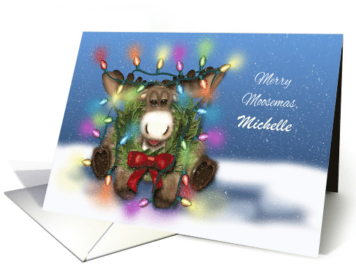 Merry Moosemas Customize Name, Moose Tangled Christmas Lights card