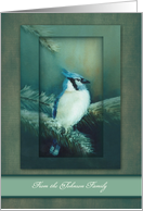 Christmas Customize Name, Painting of Blue Jay on a Evergreen Branch card